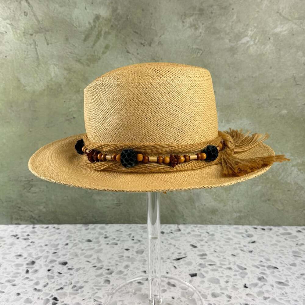 Straw Fedora Hat with Beaded Band and Tassel small medium
